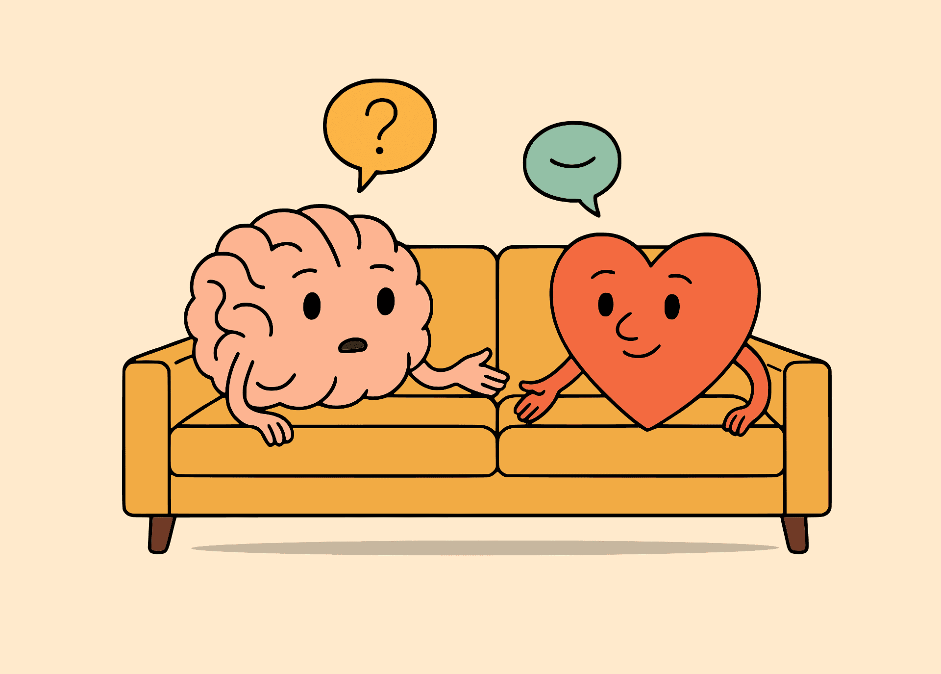 braing and heart chatting on sofa Cognitive Behavioural Therapy