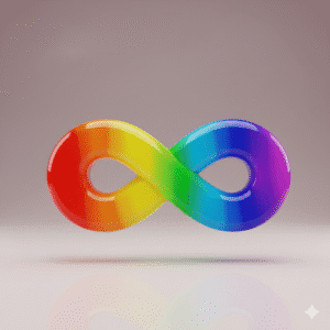 A infinity symbol in a rainbow gradient emphasing the infinite variations and possibilities within the human neurological spectrum.
